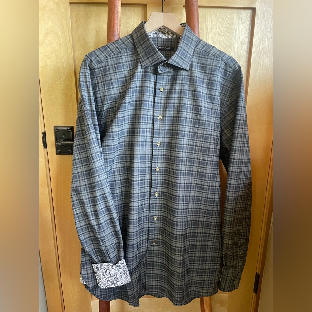 Hammer Made Men's Gray Black and Blue Plaid Shirt with Scissor Print Detailing